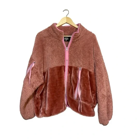 UGG Women’s Marlene Sherpa Full Zip Jacket Pink/Mauve L - Picture 1 of 5
